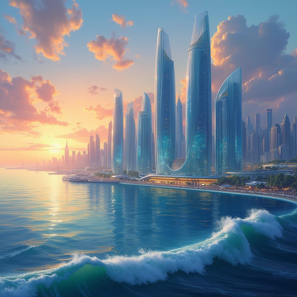 Crystal City at Sunset: Futuristic Metropolis Melting into O...