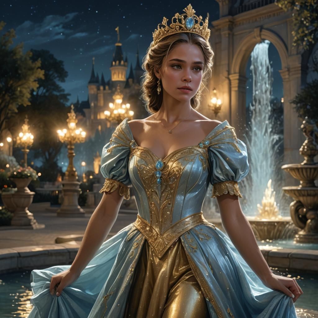 Fantasy Princess at Fountain Under Northern Lights