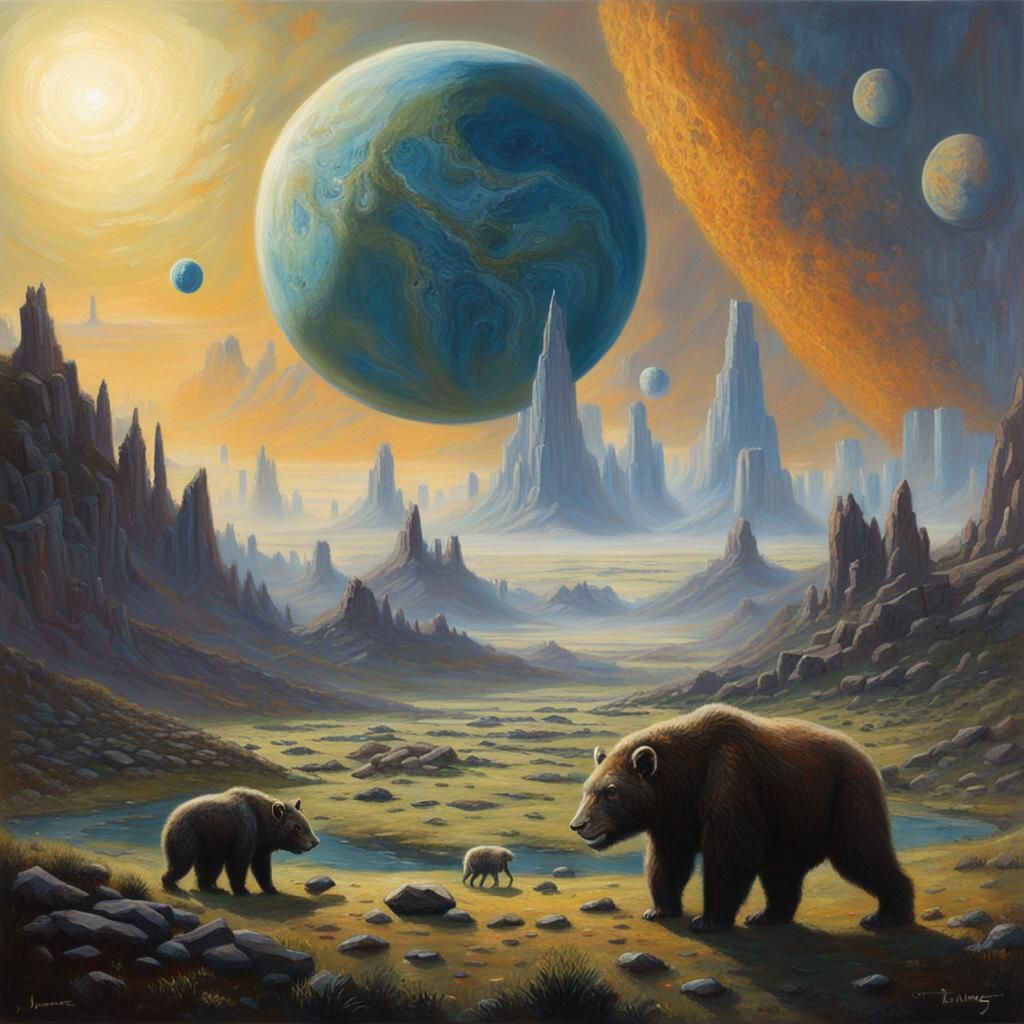 Peaceful Alien Planet with Giant Mammals: Oil Painting