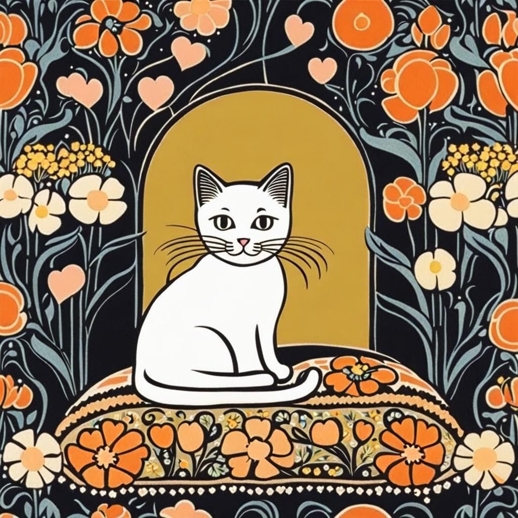 Cute Cat Surrounded by Flowers in Secession Style