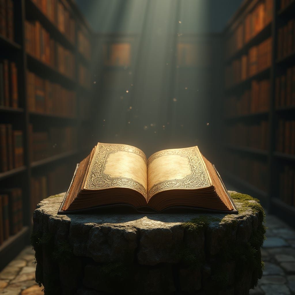 Mystical Leather-Bound Tome in a Haunting Library
