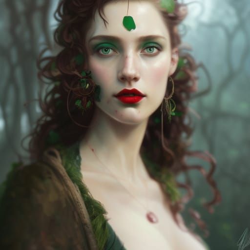 Forest Witch Portrait in Hyperdetailed Concept Art Style