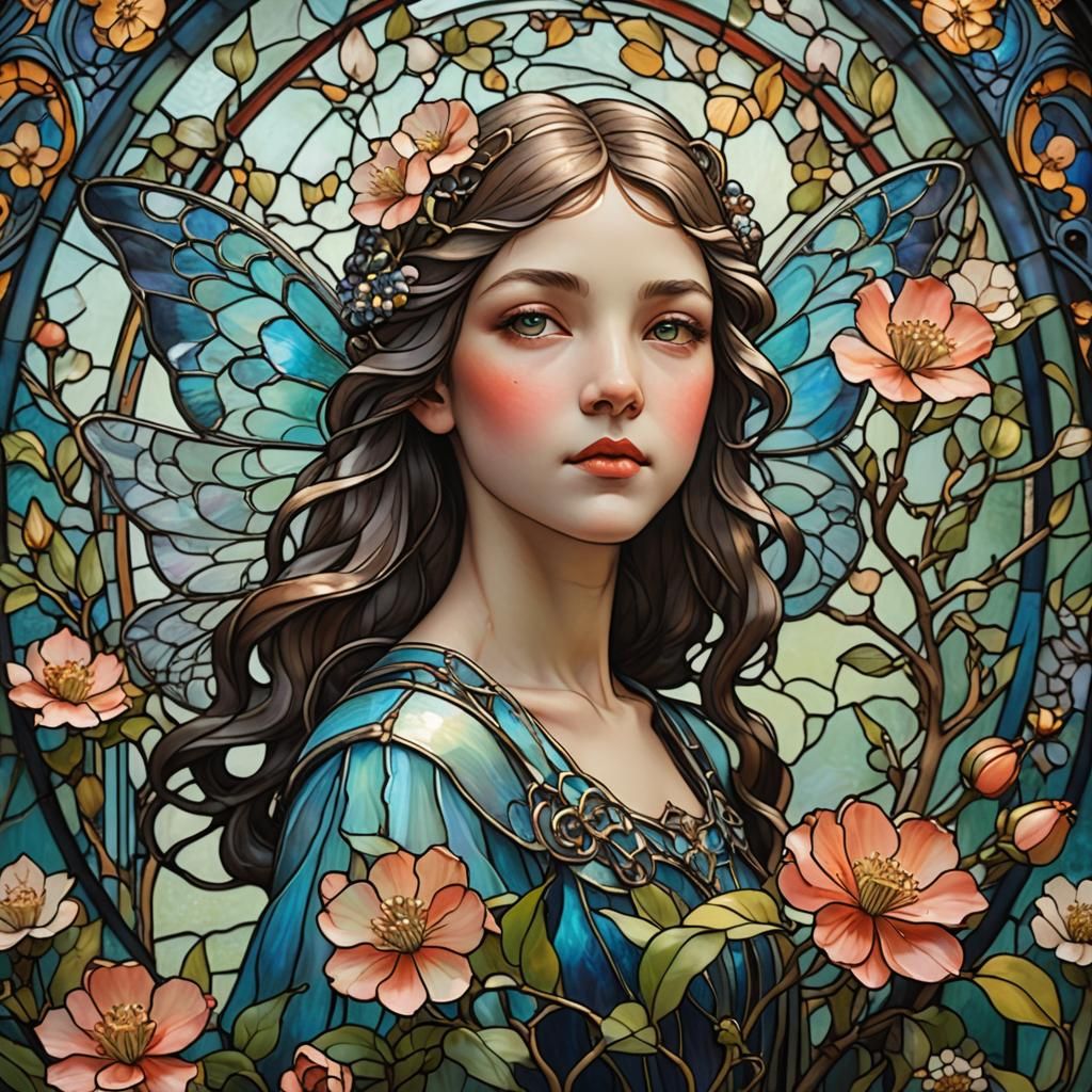 Art Nouveau Stained Glass Fairy with Flowers