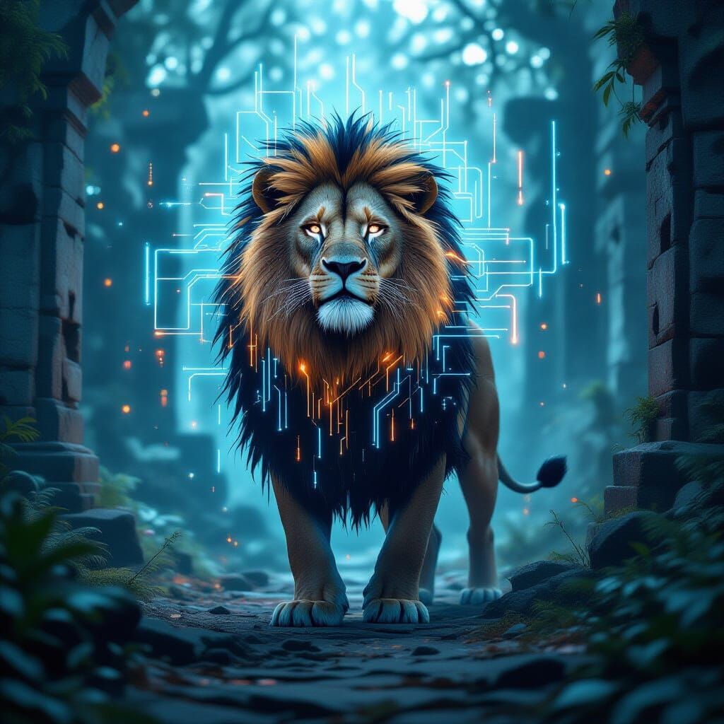 Cyberpunk Lion in Ancient Ruins With Data Streams