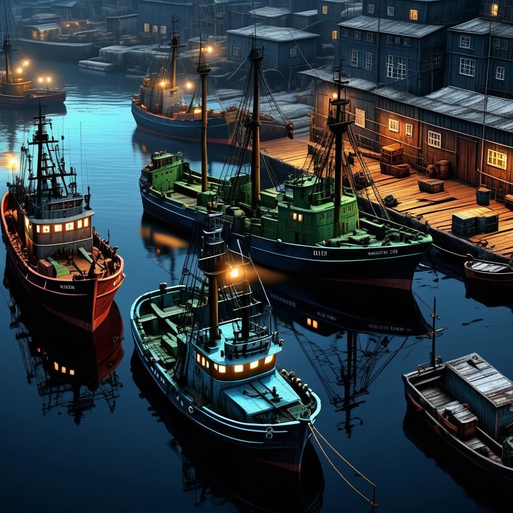 Fishing Ships in Harbor at Night: Photorealistic Detail