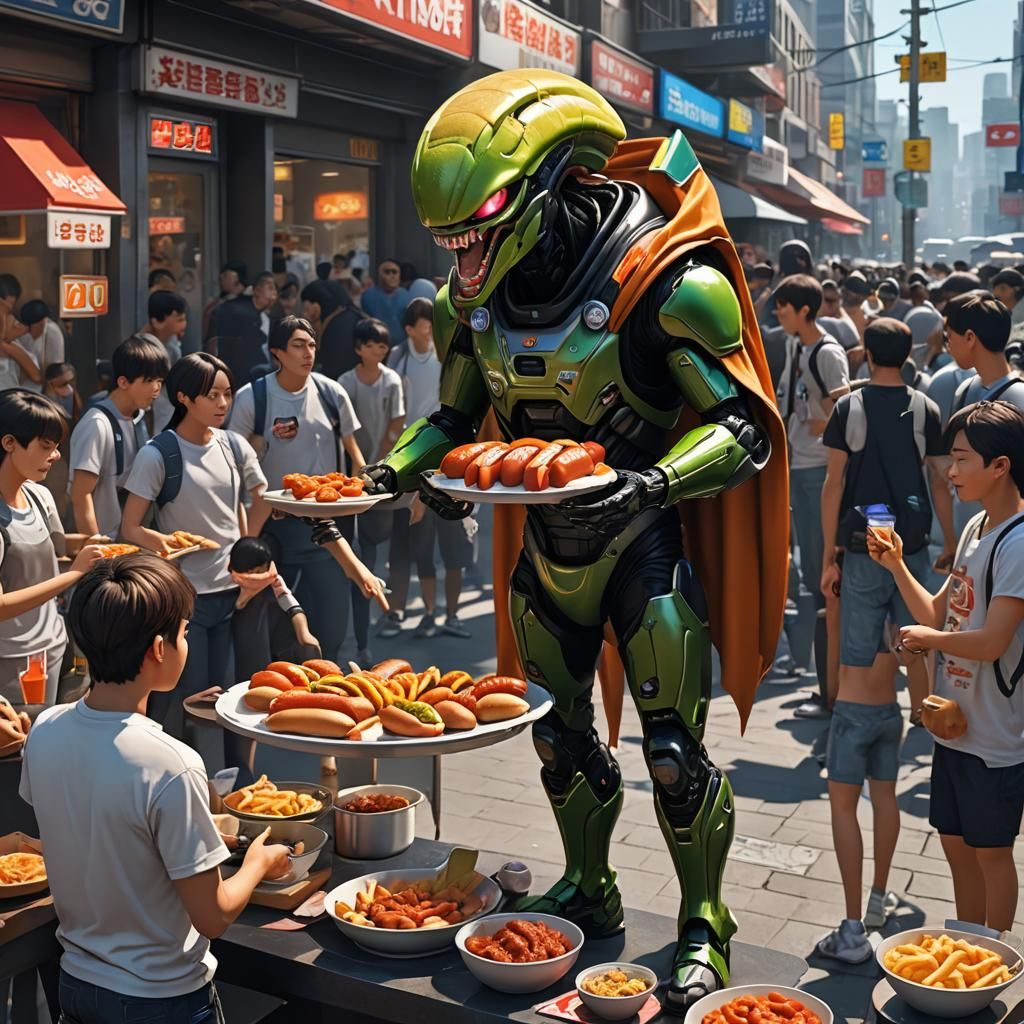 Strange Alien Serves Hotdogs: 3D Anime Art