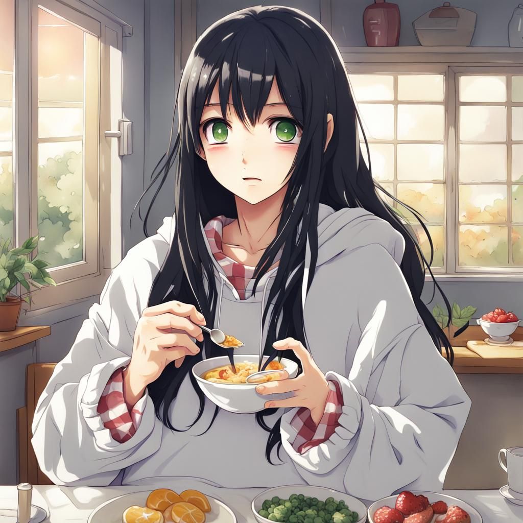 Anime Girl Eating Breakfast in Manga Style