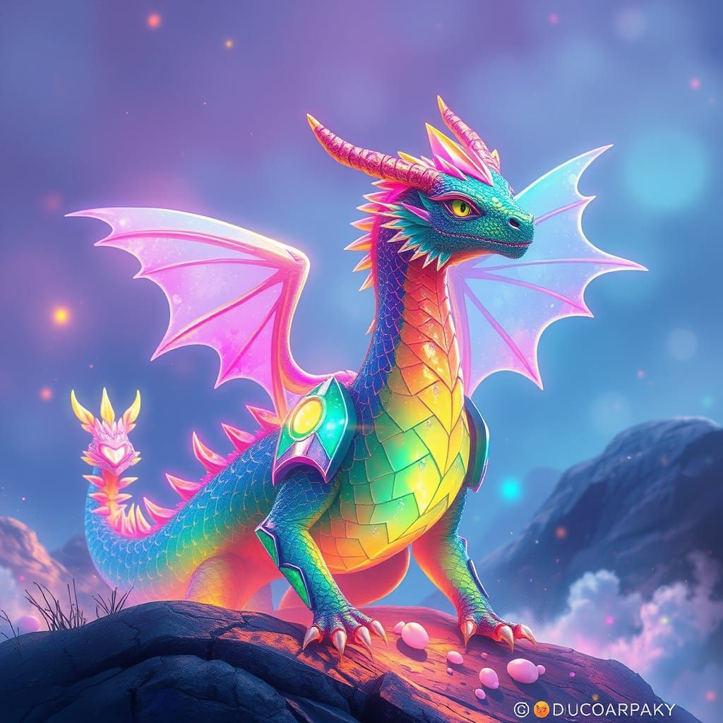 Rainbow Dragon in Crystalline Armor, Dreamy Digital Art