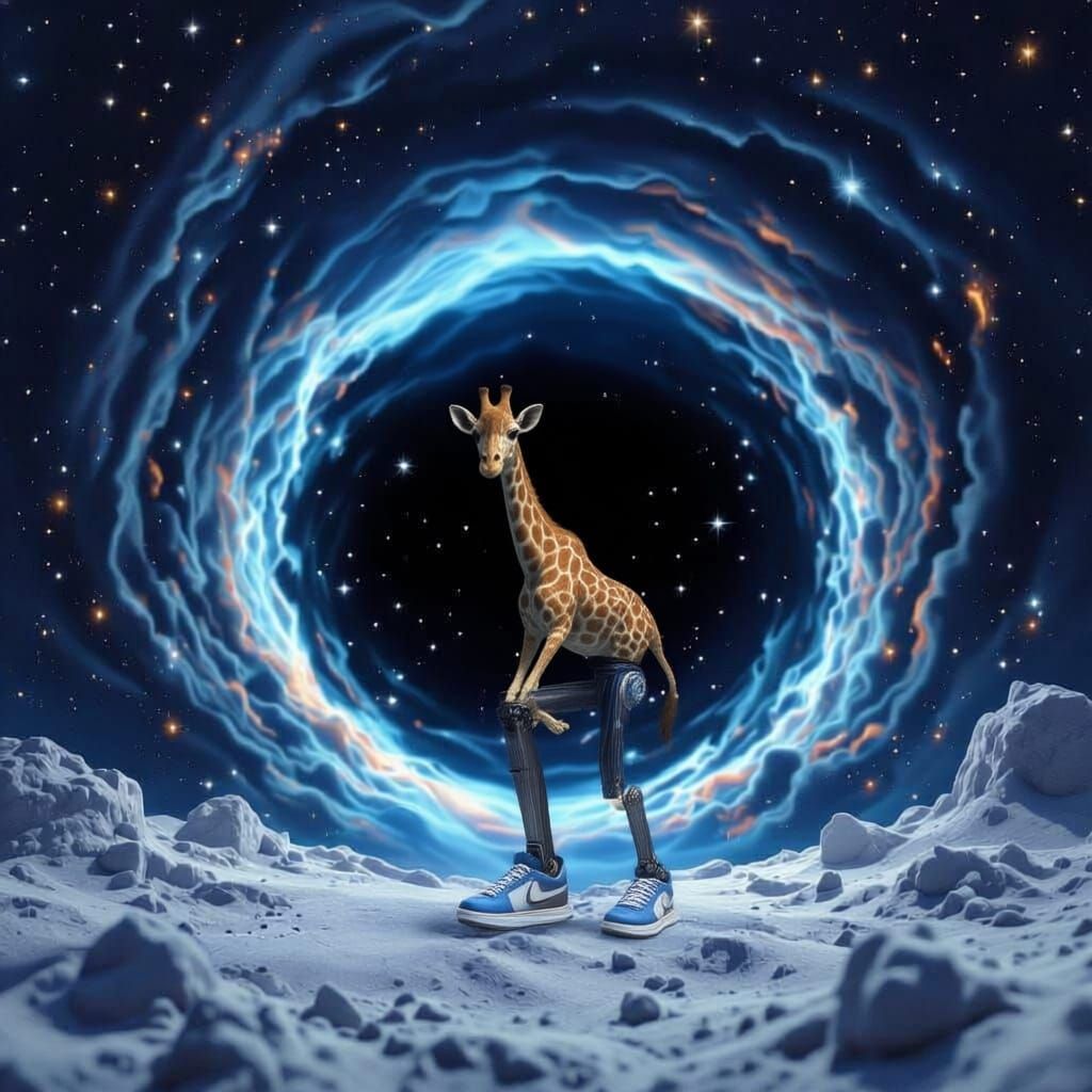 Surreal Giraffe Head on Black Hole, Cosmic Vortex, Moon Sett...