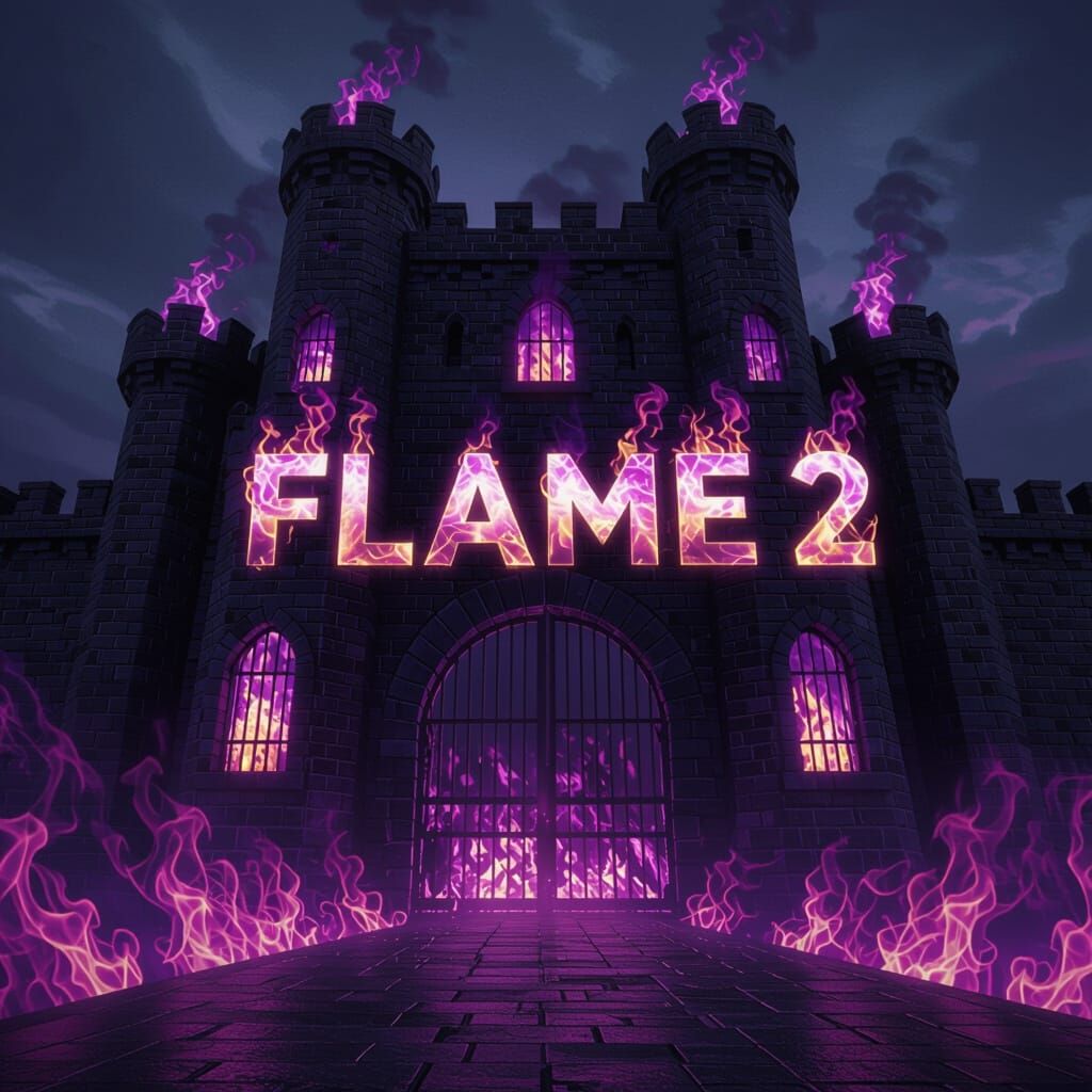 Black Brick Fortress with Purple Flames, High Angle Shot