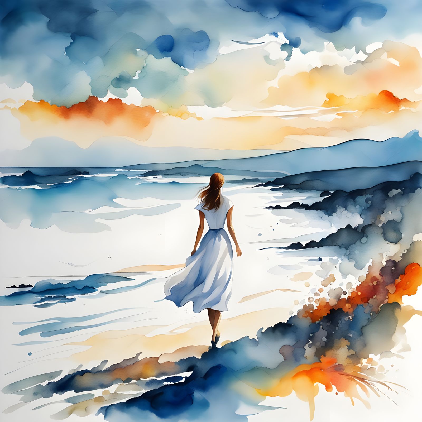 Woman Gazing at Sunset Sea in Watercolor