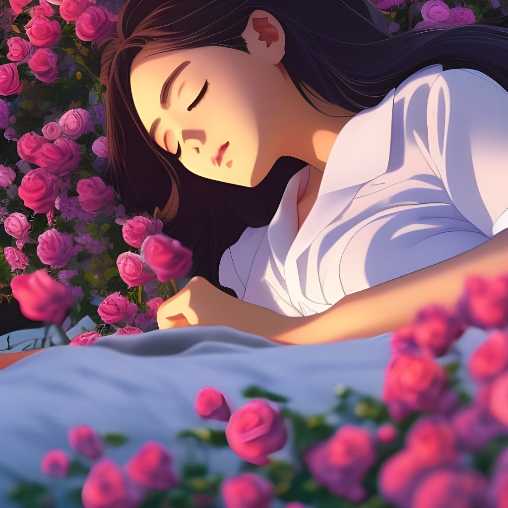 Anime Girl Asleep in Roses, Ghibli Style