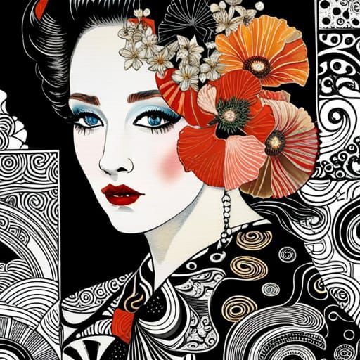 Geisha Girl with Poppies in Bohemian Pop Art Style