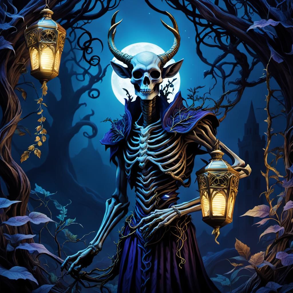 Gothic Skeletal Faun with Mandrake Root Illustration