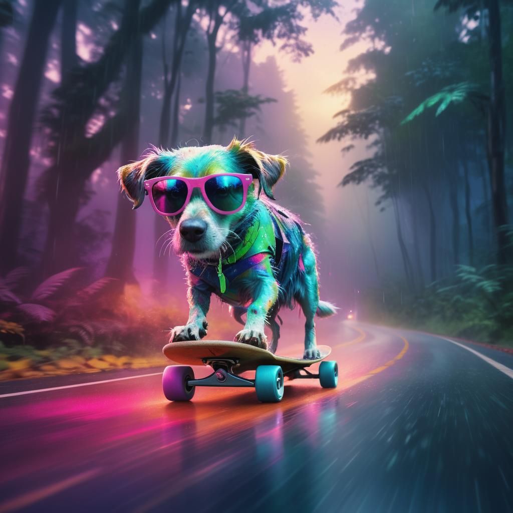 Cool Dog Skateboarder in Rainforest: Matte Painting