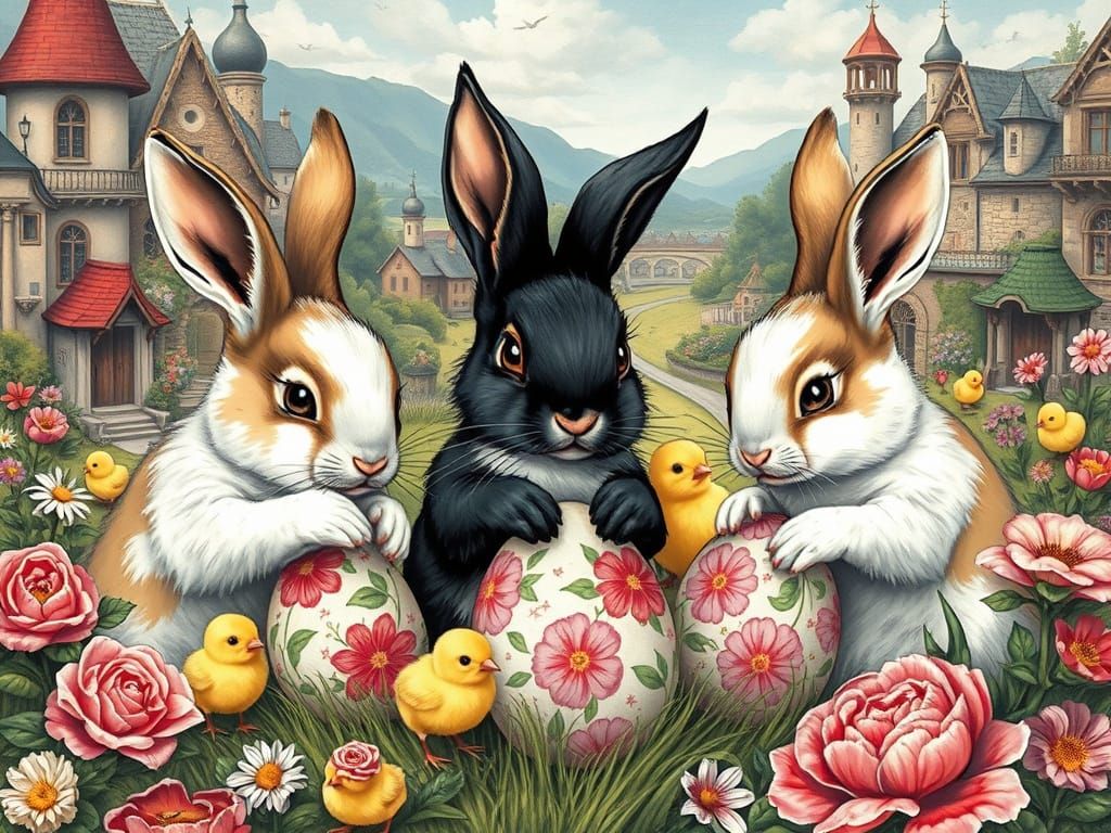 Easter Bunnies Painting Eggs: Hyperdetailed Charcoal Drawing