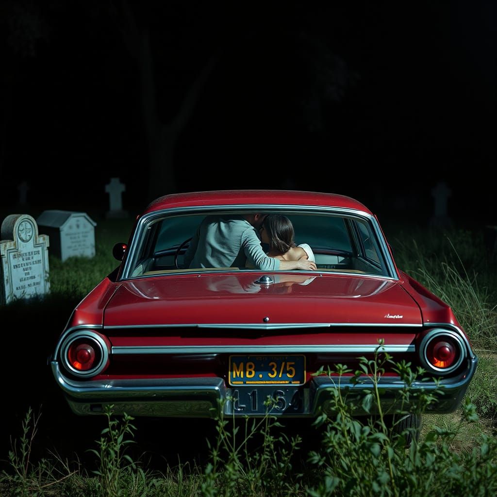 Vintage Car Kiss in Graveyard, Cinematic Style