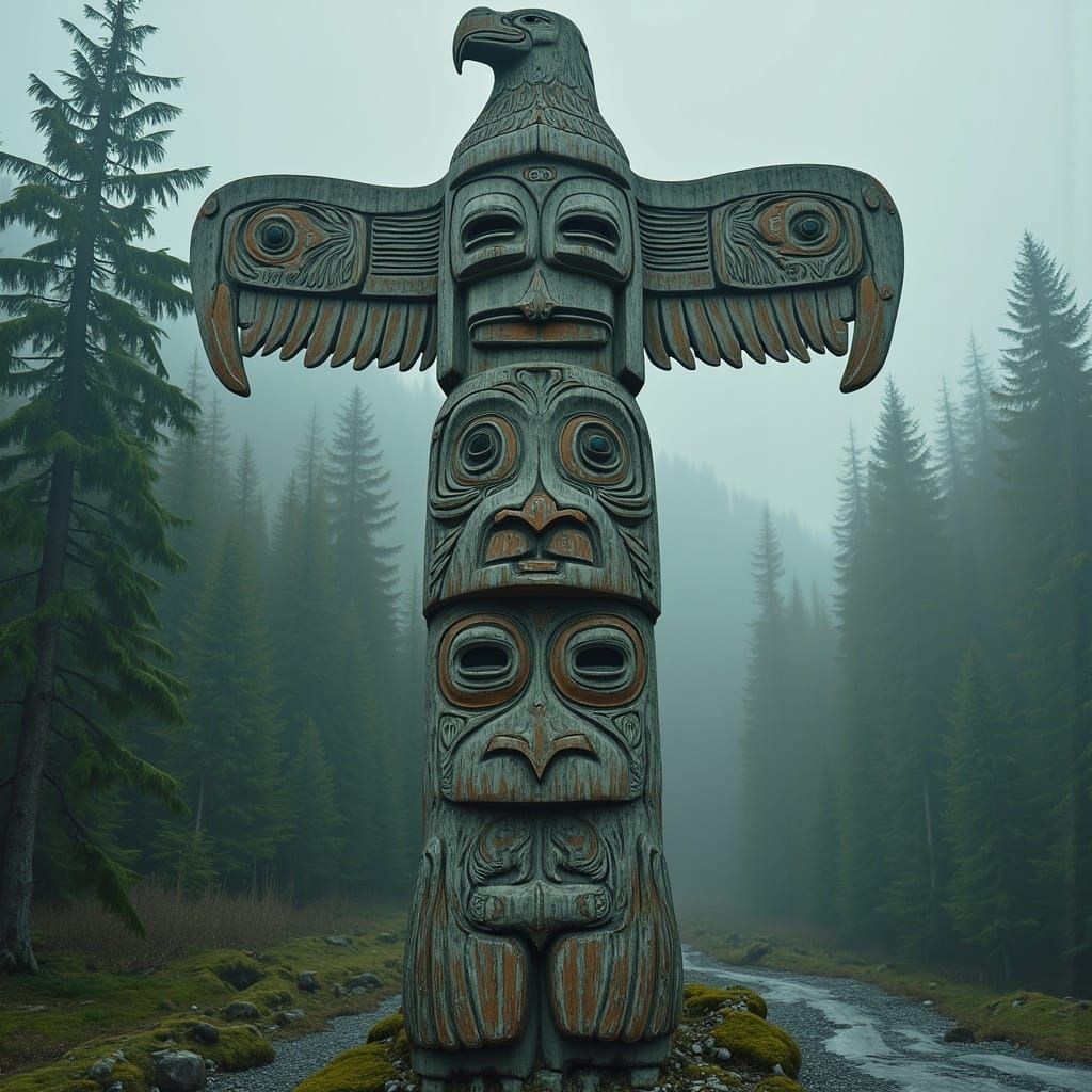Majestic Totem Pole in Haida Style Forest