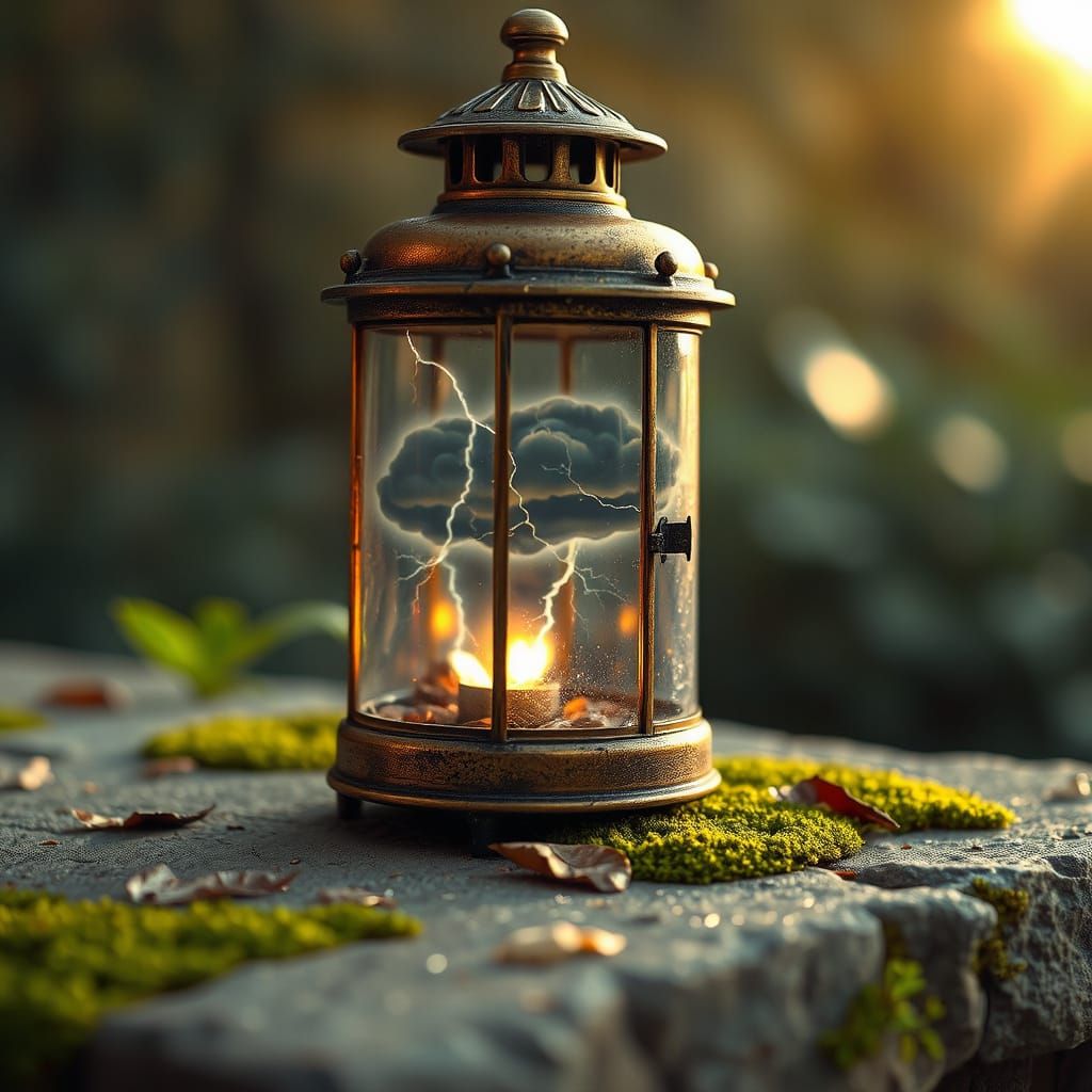 Antique Lantern with Miniature Thunderstorm Inside