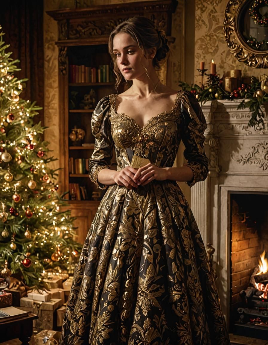 Victorian Woman by Christmas Tree in Comic Book Style