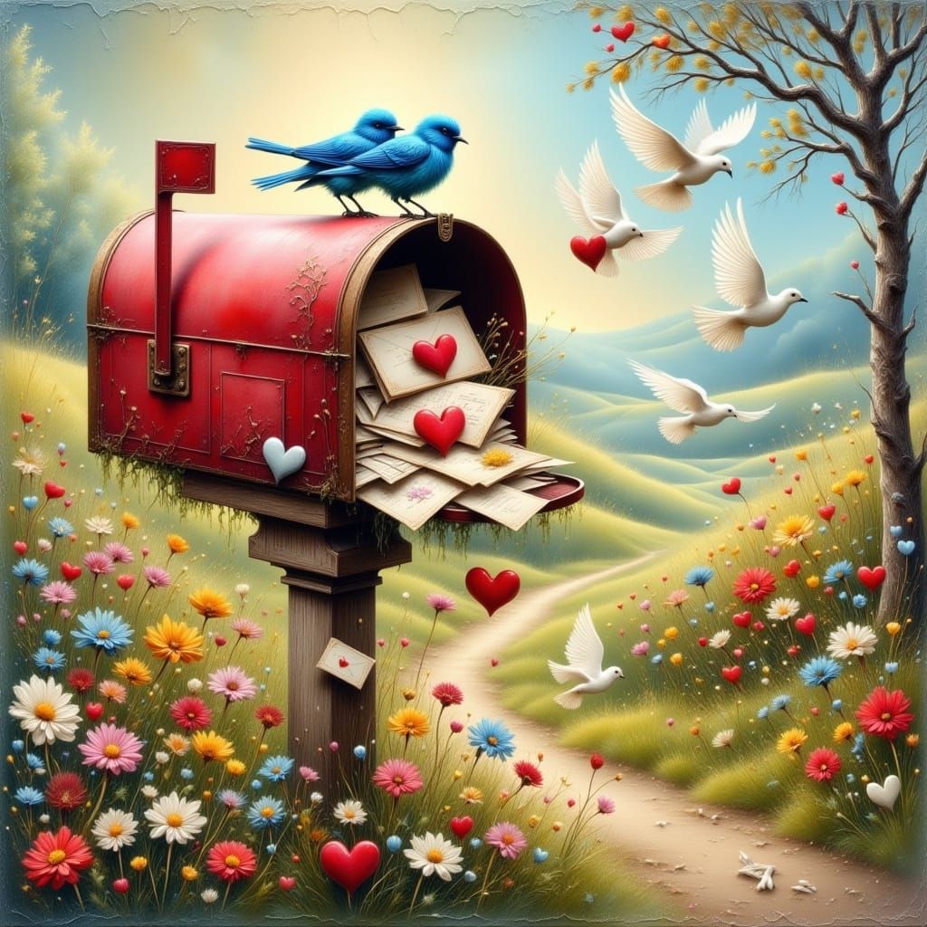 Whimsical Countryside Scene with Vintage Red Mailbox