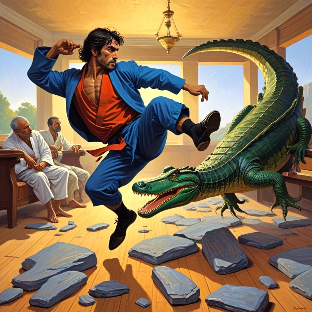 Karateka Kicks Alligator in a Dreamlike Oil Painting