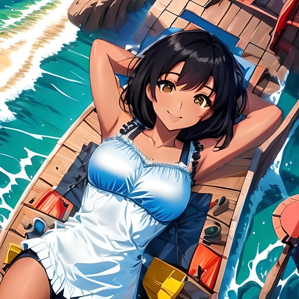 Happy Black Haired Girl on the Beach