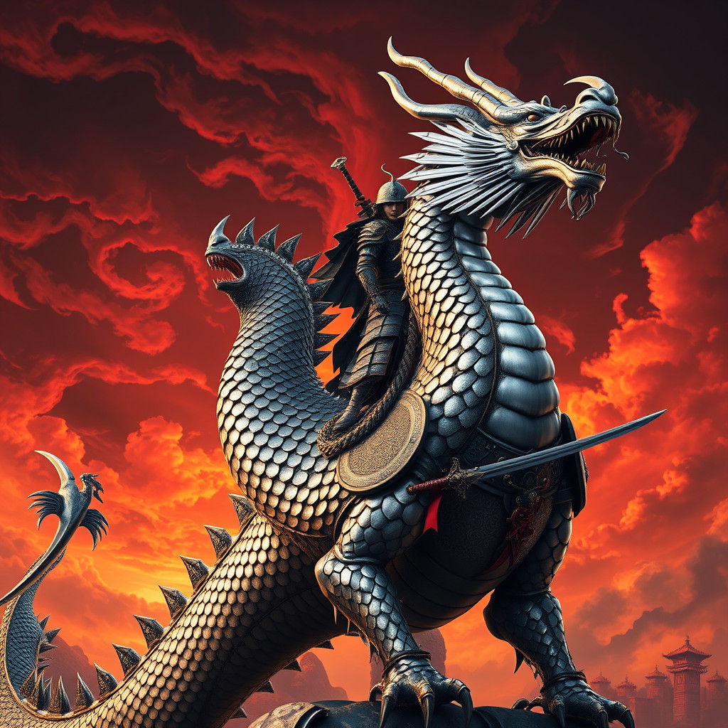 Metal Dragon and Samurai in Anime Style