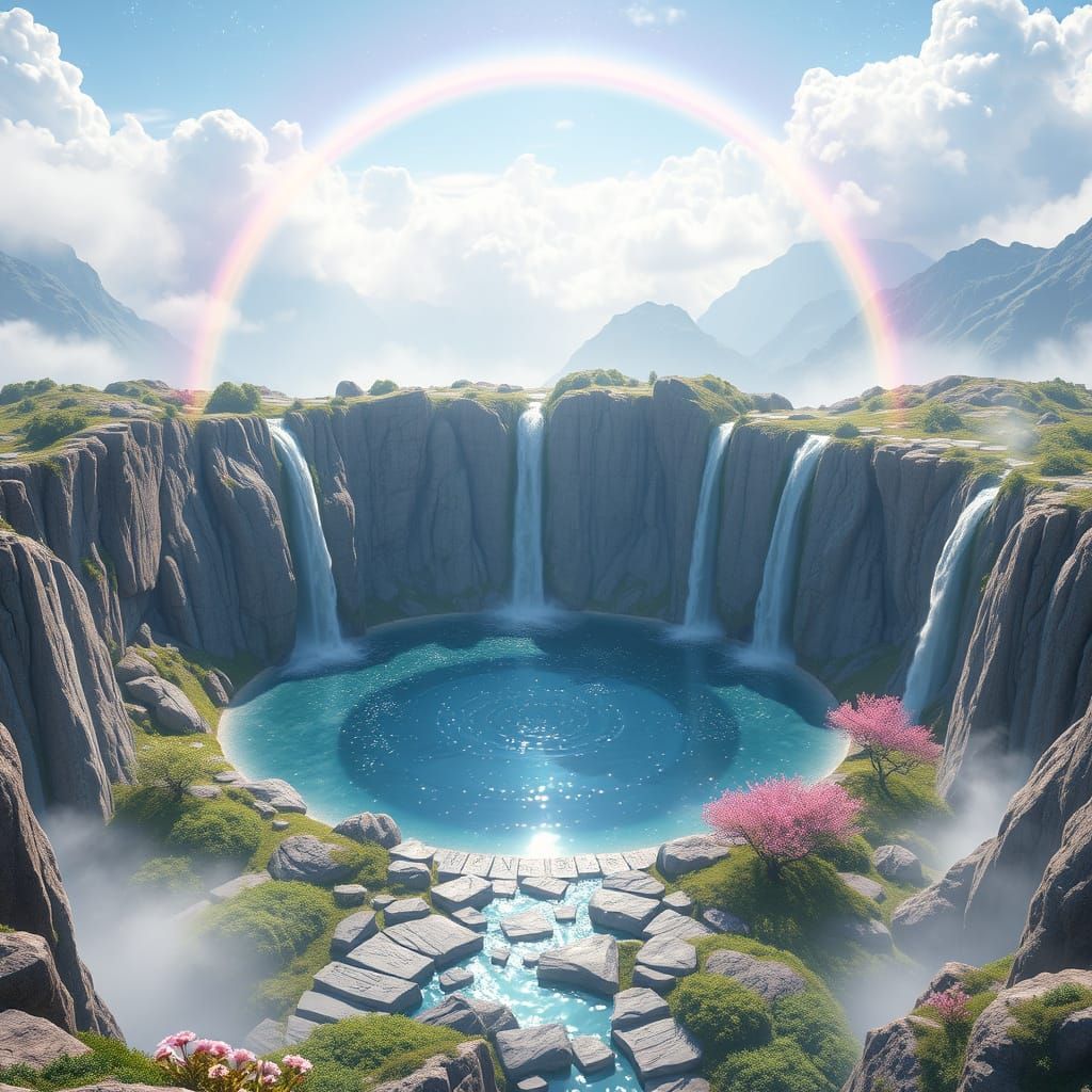 Mountaintop Sanctuary with Waterfalls: 3D Anime Art