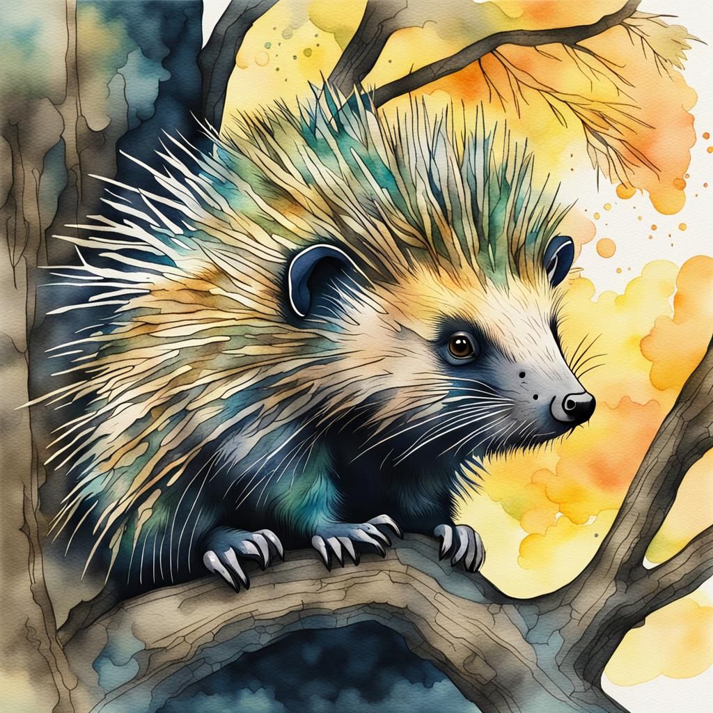 Whimsical Porcupine Perched in a Dreamy Tree