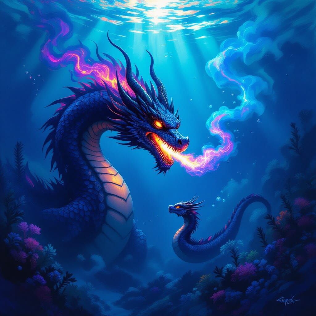 Colossal Dragon Breathes Fire on Hatchling Underwater