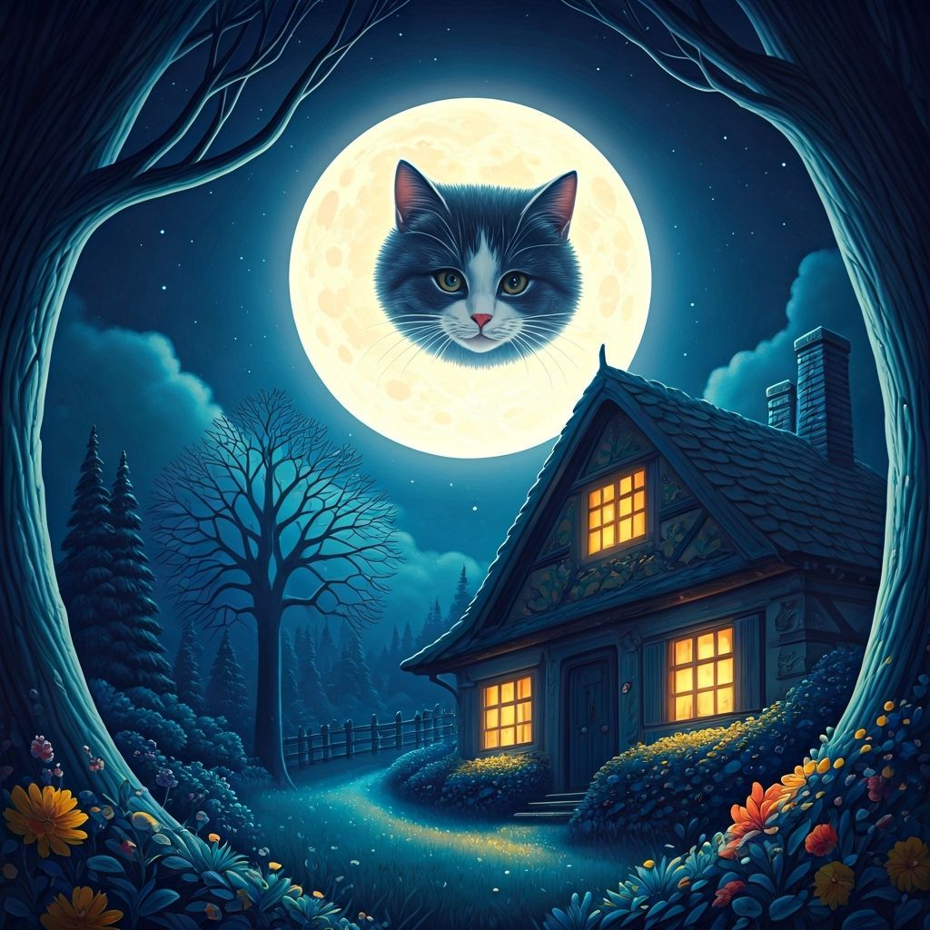 Whimsical Cat Moon Over Cottage Window