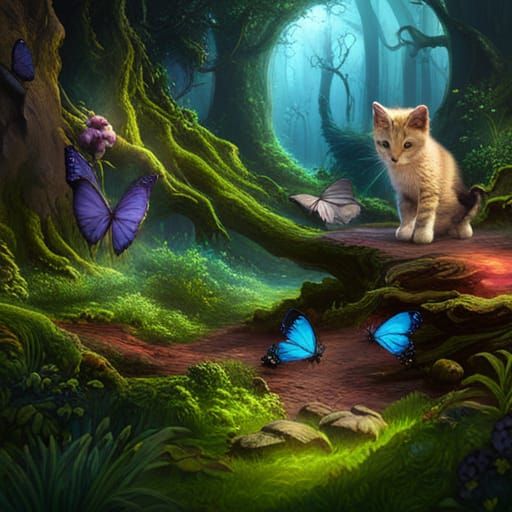 Kittens and Blue Butterflies in Lush Forest