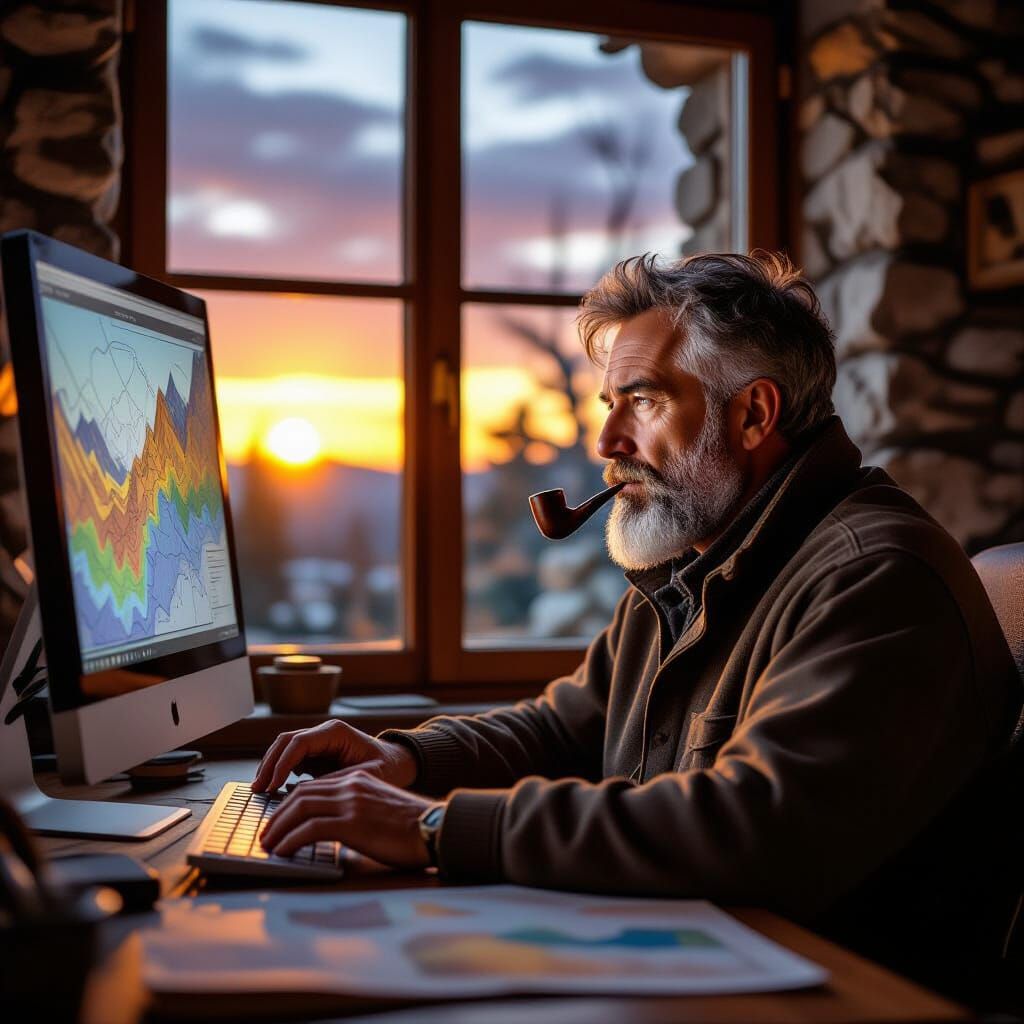 Italian Geologist Studying Maps at Sunset
