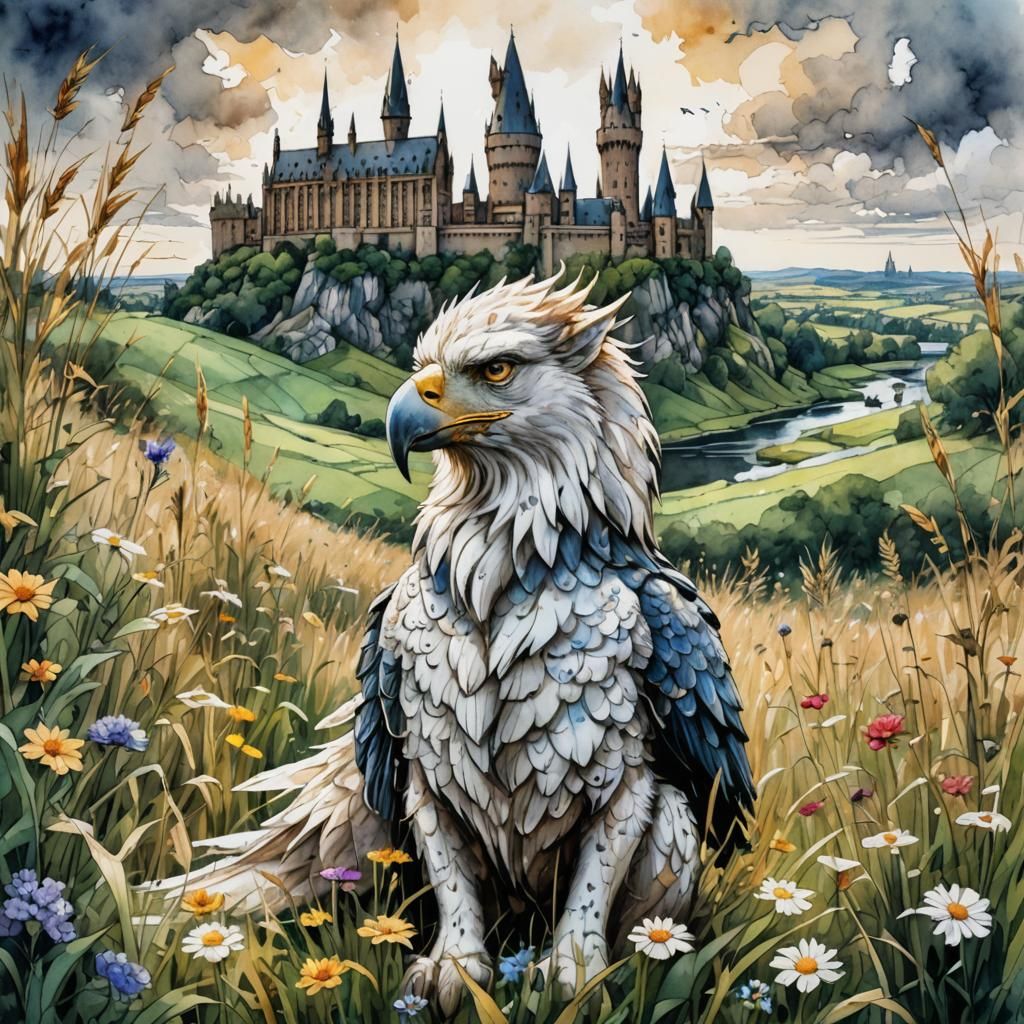 Griffin in Field, Stylized Watercolor Illustration