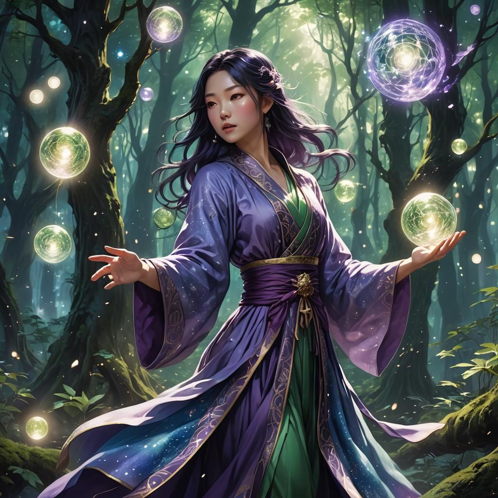 Anime Wizard Casting Magic in Mystical Forest