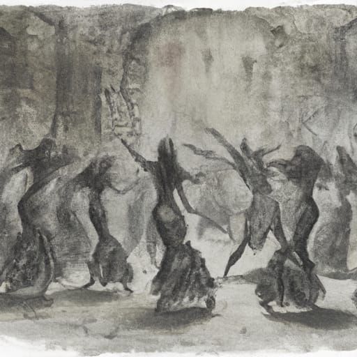 Dance Illustration in Ancient Amphitheater, Charcoal Drawing