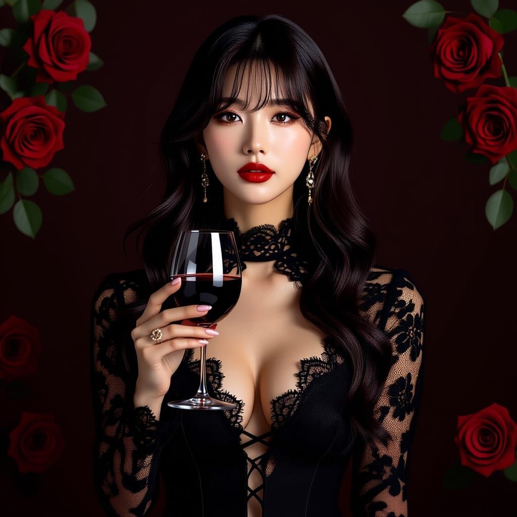 Kpop Star in Elegant Black Lace Holding Wine Glass