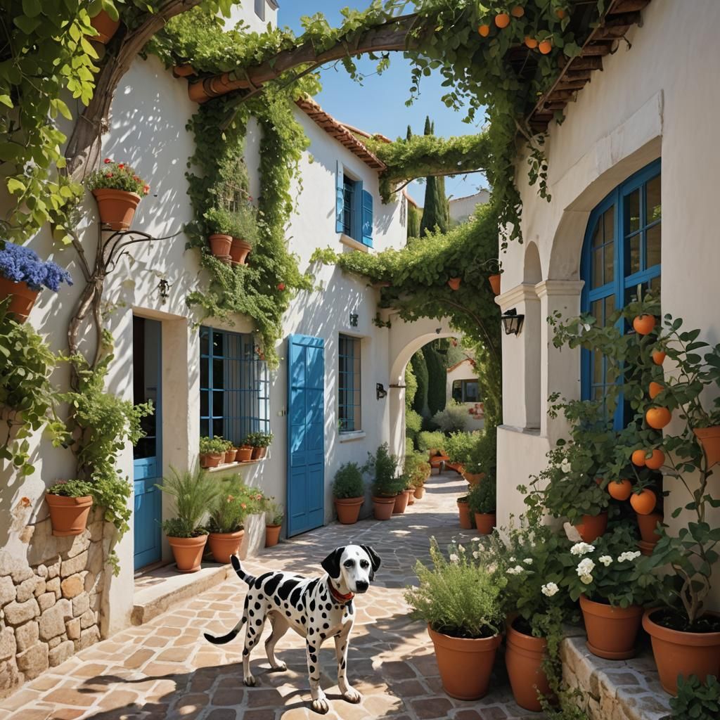 Mediterranean Villa with Dalmatian in Lush Garden