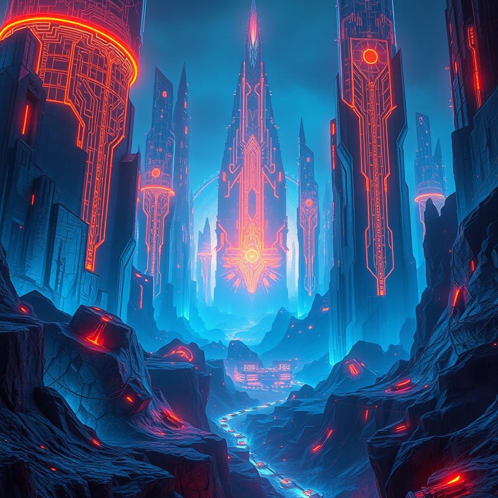 Ethereal Cyberpunk Landscape with Neon Accents