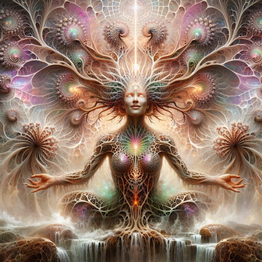 Goddess in Fractal Sky with Ethereal Vines