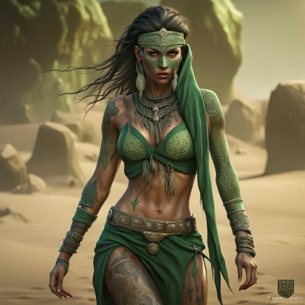 Warrior Woman with Tribal Tattoos in Dark Fantasy Style