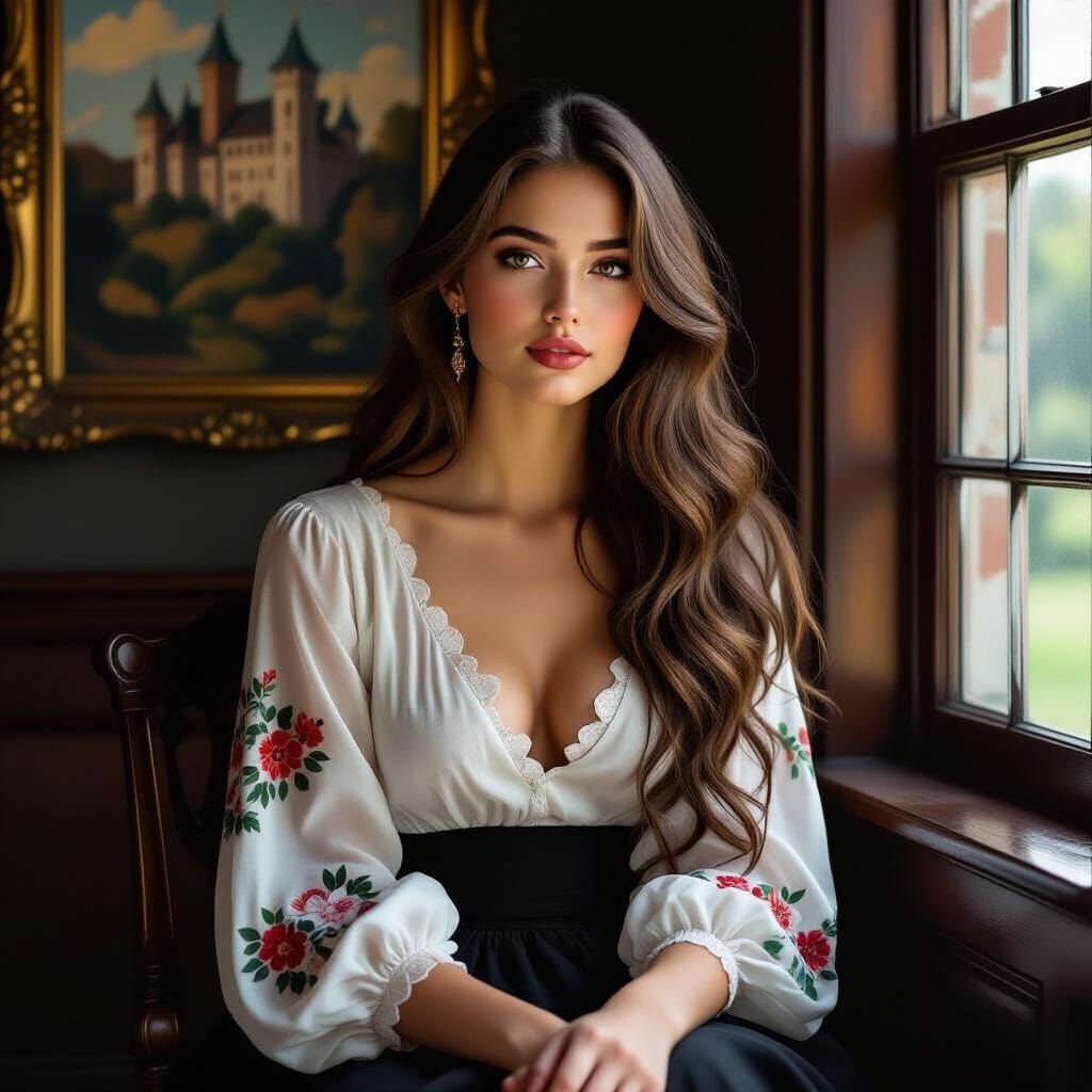 Young Woman Portrait in Alphonse Mucha and Sargent Styles