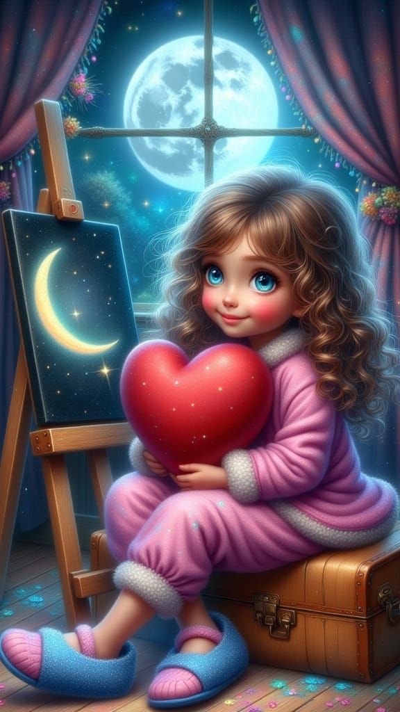 Girl Paints Moon in Ethereal Dreamscape