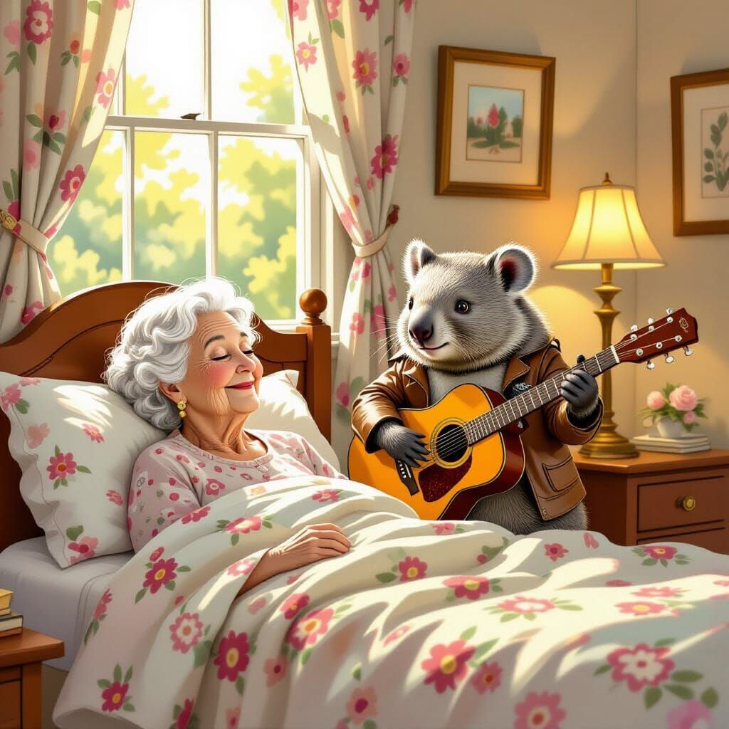 Elderly Woman Wakes to Wombat Guitarist in Whimsical Bedroom