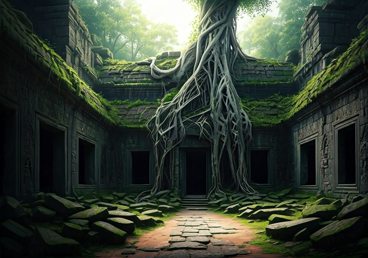 Ancient Temple Reclaimed by Nature in a Baroque Digital Pain...