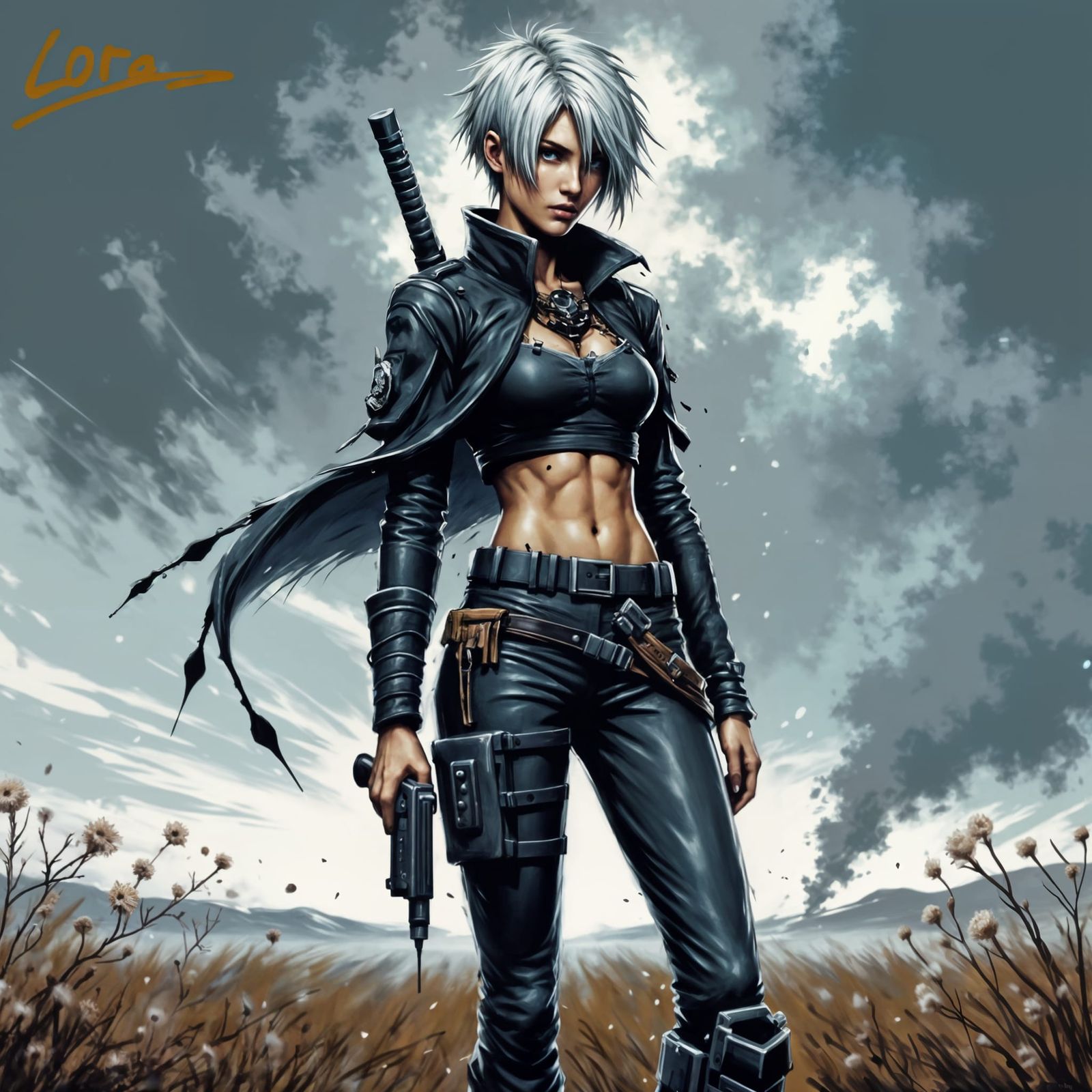 Anime Warrior on Windswept Plain in Cel-Shaded Style