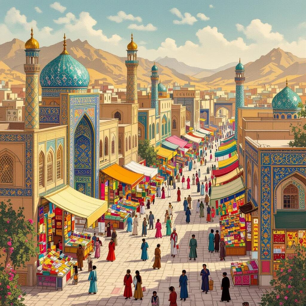 Herat Cityscape in Persian Miniature Painting Style