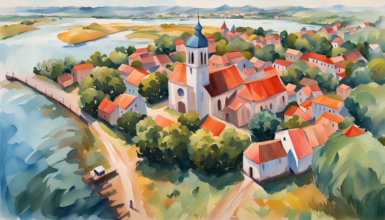 Island Cathedral in Gouache Impressionist Style