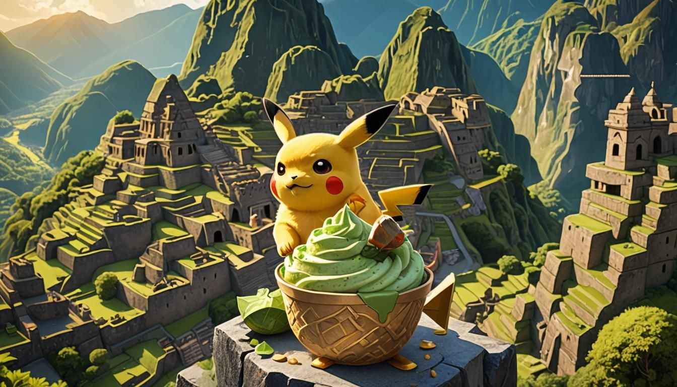 Pikachu enjoying a Matcha Pistachio icecream in Machu Picchu